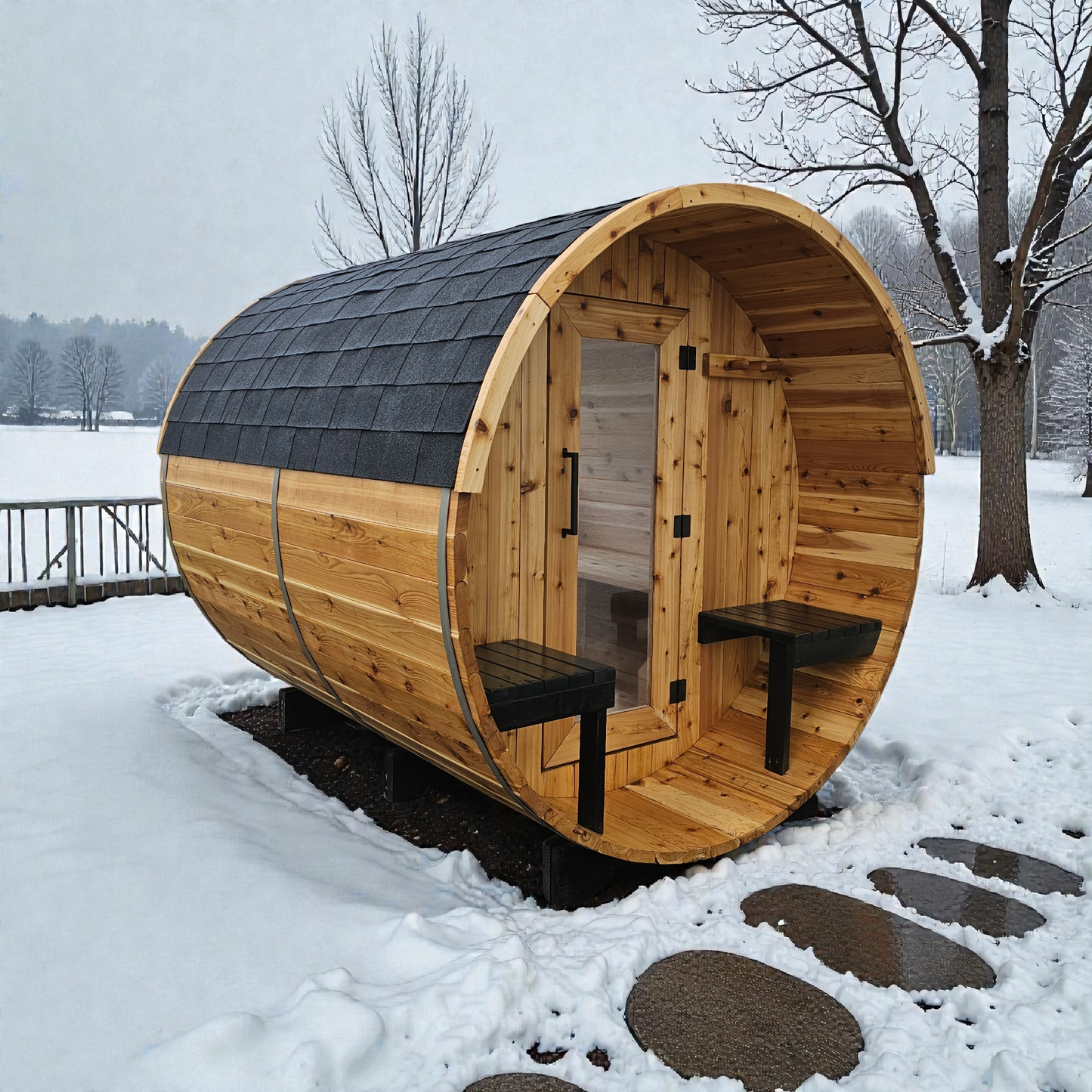 4-6 person Barrel Sauna with Harvia electric heater.