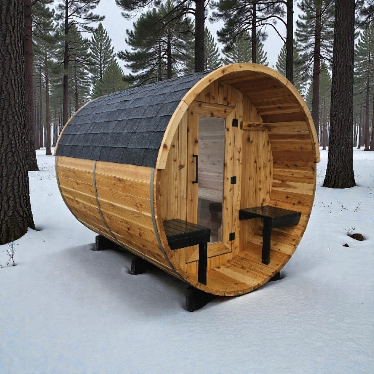 4-6 person Barrel Sauna with Harvia electric heater.